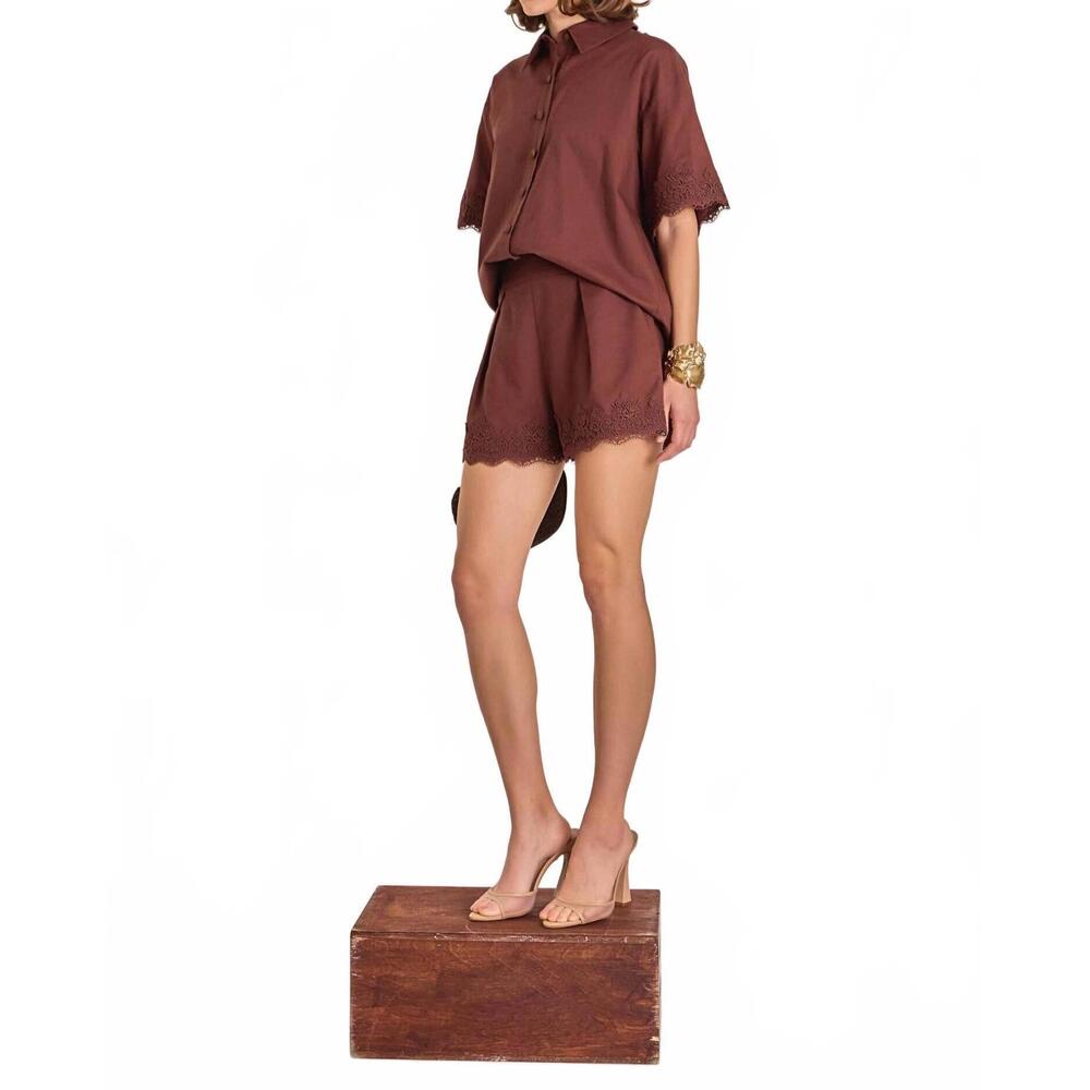 NEW ENGLISH FACTORY women's midnight lace linen shirt in chocolate brown - Picture 4 of 5